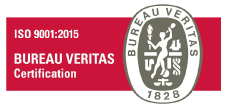 Logotipo de la certificación Bureau Veritas con un emblema de sirena, con "iso 9001:2015" escrito en la parte superior, establecida en 1828.