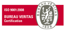 Logotipo de la certificación Bureau Veritas para ISO 9001:2008 que presenta una pancarta roja, texto blanco y un emblema circular con una figura y el año 1828.