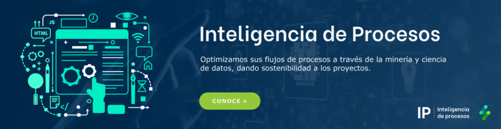 Gráfico de banner que representa elementos digitales y tecnológicos abstractos con texto en español sobre la optimización de procesos de negocio a través de la minería de datos y la ciencia.