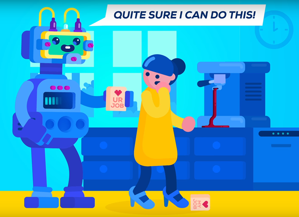 Una colorida ilustración de un robot y una mujer en un laboratorio; el robot sostiene un cartel que dice "tu trabajo" mientras la mujer parece vacilante, con un texto arriba que dice "¡Estoy bastante segura de que puedo hacer esto!".
