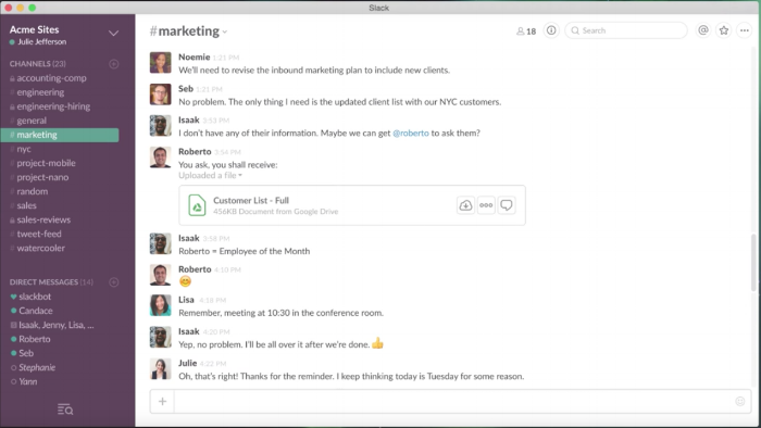 Captura de pantalla de una aplicación de Slack abierta en una computadora de escritorio, que muestra varios canales del equipo y una conversación en el canal de marketing.