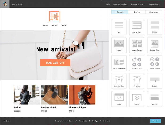 Una interfaz de sitio web que muestra "¡recién llegados!" Anuncio con un cartel de descuento que presenta imágenes de bolsos de moda y ropa elegante.
