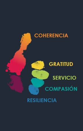 Toques abstractos de color en rojo, amarillo, azul y verde, con palabras en español "coherencia, gratitud, servicio, compasión, resiliencia" superpuestas sobre un fondo oscuro.