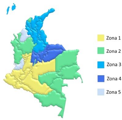 Un mapa topográfico de colombia codificado por colores que muestra cinco zonas distintas, cada una marcada con un color diferente, acompañadas de una leyenda a la derecha.