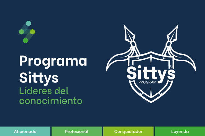 Logotipo y niveles del "programa sittys líderes del conocimiento" con cuatro categorías: aficionado, profesional, conquistador, leyenda, mostrados en un gráfico verde y azul.