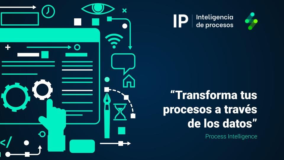 Gráfico que ilustra la inteligencia de procesos, con íconos digitales como engranajes y wifi, con una mano interactuando con una pantalla táctil y texto en español sobre la transformación de procesos a través de datos y estrategias de mercadeo.