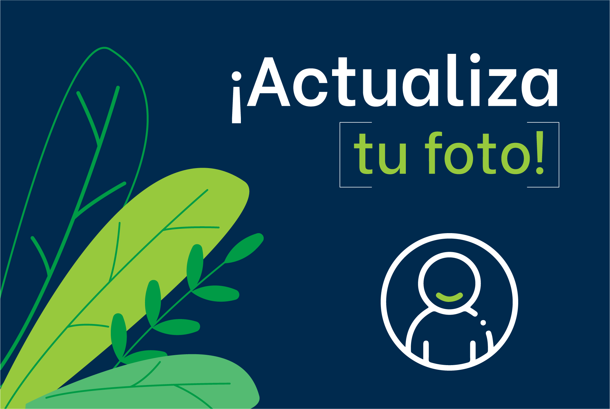 Gráfico con texto "¡actualiza tu foto!" en blanco sobre un fondo azul oscuro, con hojas verdes estilizadas y un ícono de una persona dentro de una lupa con fines de marketing.