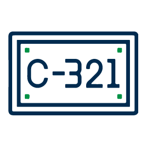 Una placa rectangular de color azul con esquinas verdes y el número de matrícula "c-321" en letras negras en negrita.
