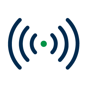 Ícono que representa tres líneas curvas azules que irradian desde un punto verde central y simboliza la transmisión inalámbrica o de señal.