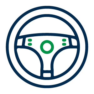 Ícono del volante de un automóvil con un botón circular verde en el centro, encerrado dentro de dos círculos concéntricos.