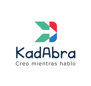 Logotipo de mercadeo kadabra, que presenta una letra 'k' estilizada y colorida junto al texto "kadabra" en negro y el lema "creo mientras hablo" debajo