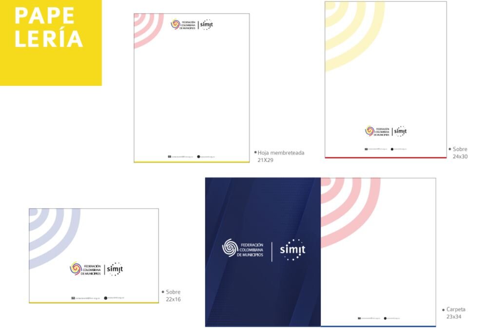Cuatro variaciones de diseños de papelería para "papelería" y "simit", con motivos abstractos coloridos y ubicación de texto y logotipos en diferentes colores de fondo, optimizados como herramientas de marketing.